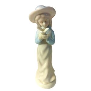 Vintage Porcelain 6" Girl Holding Bird Figurine White-Light Blue & Green Tones